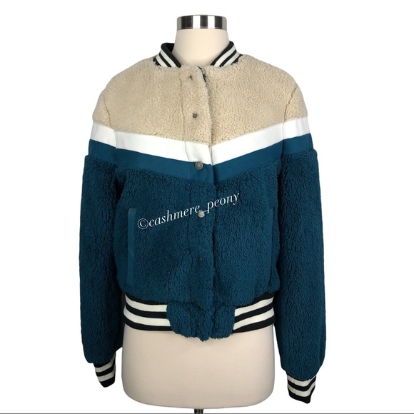 💕SOLD💕Celebrity Pink Varsity Bomb Teddy Sherpa Chevron Jacket - Picture 3 of 11